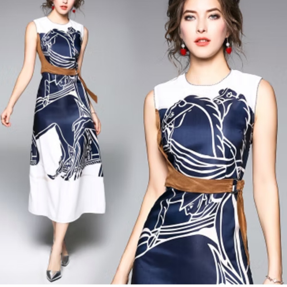 Navy & White Sleeveless Midi Dress with Brown Belt